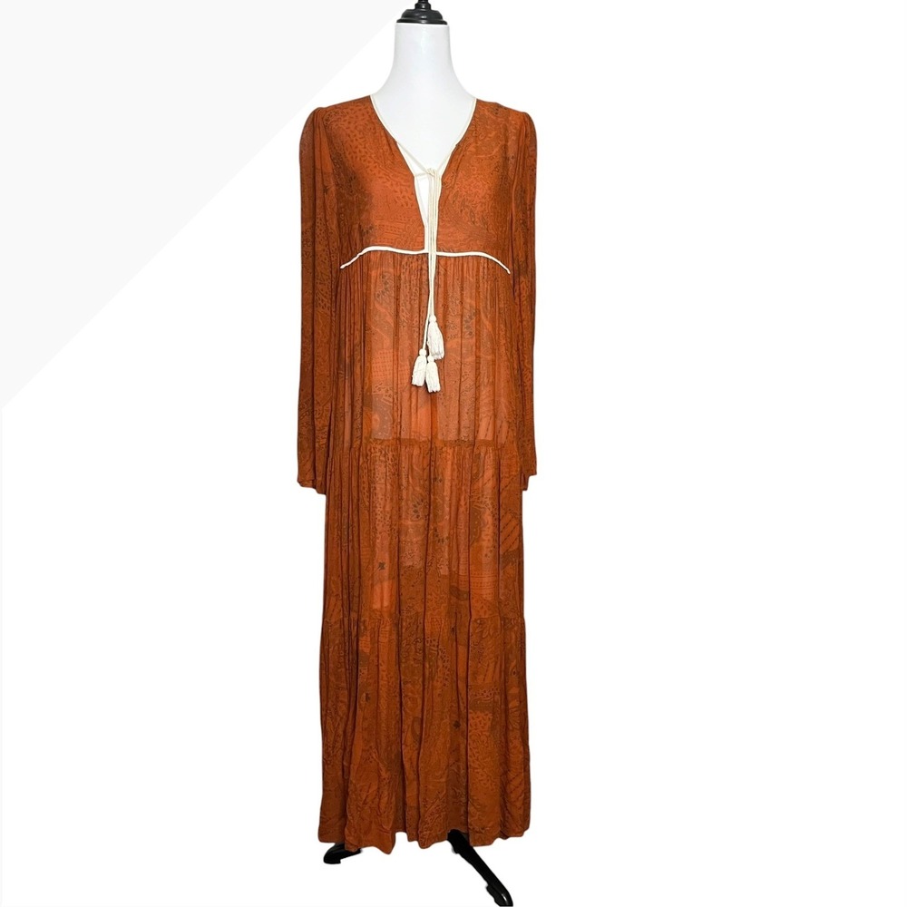 Christy Dawn Paloma Dress Womens L Rust Paisley Tiered Tassel Empire Midi Lined - Picture 2 of 9